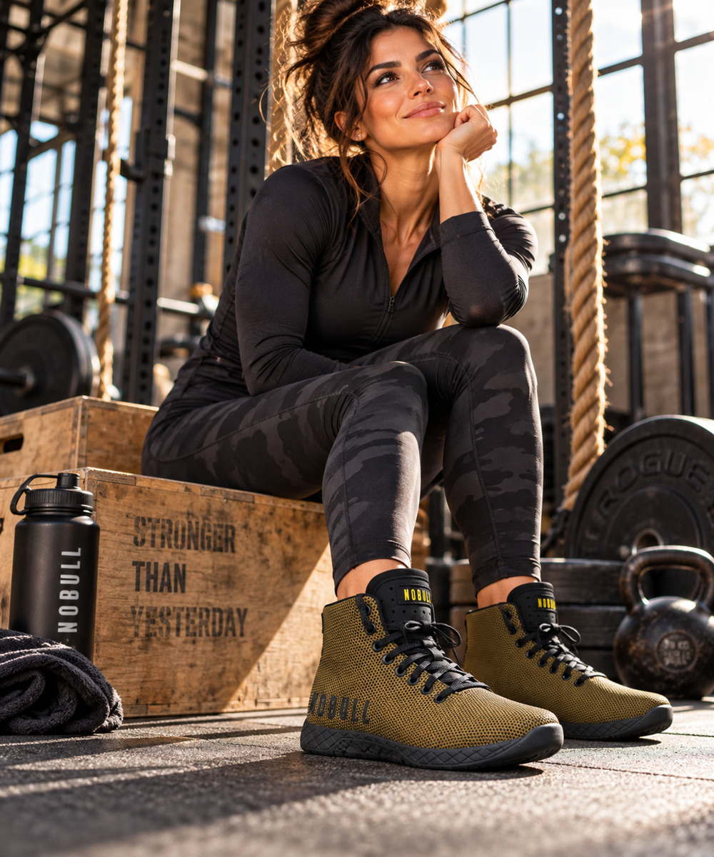 NOBULL Outwork High Top Trainer Sz W 8.5 M 7 Gold Black SuperFabric CrossFit
